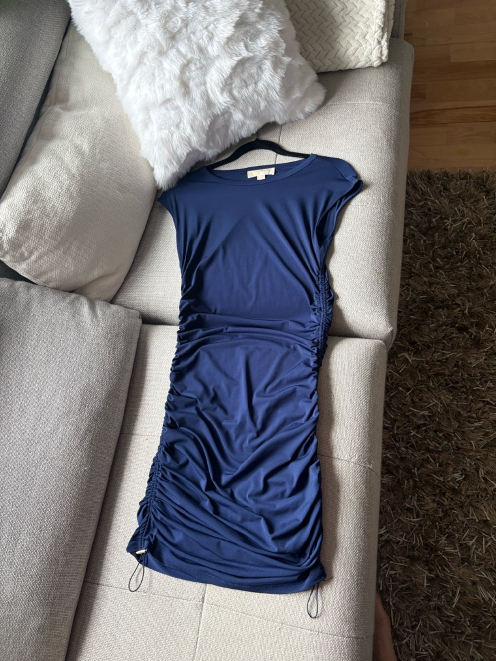 Michael Kors Navy Ruched Cap-Sleeve Midi Dress